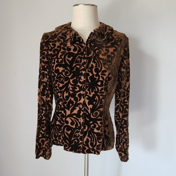 Wah Maker True West Burnout Velvet Shirt Button Long Sleeve Silk Blend Brown - Picture 1 of 6